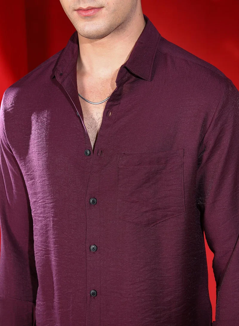 CAHOOT  Men's Plum Purple Breezy Wrinked Relaxed Shirt For Casual Wear | Spread Collar | Long Cuffed Sleeves | Button Closure | Shirt Crafted With Comfort Fit For Everyday Wear for Men | Best Price UAE